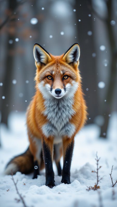 “A stunning wildlife photograph of a red fox standing alert in a serene, snow-covered forest as gentle snowfall drifts through the air. Its vibrant orange fur contrasts beautifully against the white landscape, with delicate snowflakes resting on its whiskers and ears. The fox’s piercing amber eyes gaze directly into the camera, exuding curiosity and intelligence. Its ears are perked, and its tail rests gently behind it, as if sensing something in the distance. Soft morning light filters through the bare trees, casting long shadows on the powdery snow. The background is slightly blurred, enhancing the sharp details of the fox’s thick fur and delicate paw prints in the fresh snow. The falling snowflakes add a magical, peaceful atmosphere to this breathtaking winter wildlife scene.”,aidmafluxpro1.1