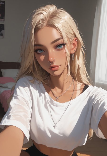 score_9, score_8_up, score_7_up,comicbookpage style,
1girl, female,looking at viewer,wearing a cropped top,selfie in  the mirror,tan lines,long blonde hair,nose piercings,earrings,silver necklace,taking selfie with her phone in the mirror,sitting on the floor,college bedroom,poster on the wall,warm light shines through curtains