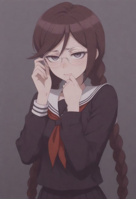 masterpiece, best quality, amazing quality,,, shiny skin,, (masterpiece, amazing quality, best quality, anime coloring),, fukawa_toko,1girl, long hair, braid, glasses, mole, twin braids, mole under mouth,round eyewear, bangs,brown hair, school uniform, serafuku, long sleeves,sailor collar, neckerchief,
