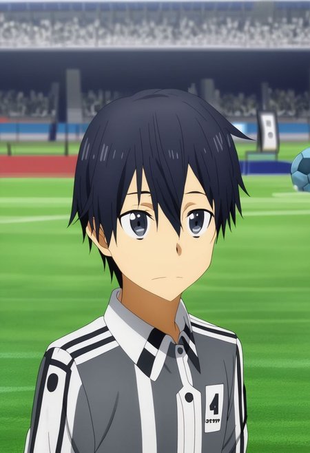 high resolution, professional photography, solo, best quality, 1Boy, Kazuto Kirigaya, Black Hair, Black Eyes, Soccer Boy, soccer player, field, potrait, depth of field, happy, tired, celebration, OverallDetail