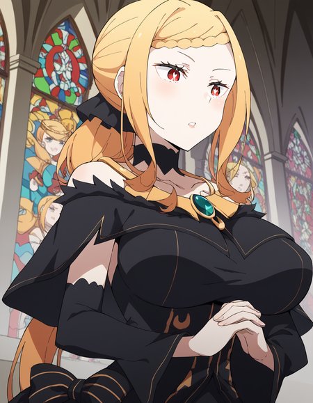 score_9, score_8_up, score_7_up, source_anime, <lora:priscilla-barielle-s3-p1-ponyxl-lora-nochekaiser:1>, priscilla barielle, long hair, blonde hair, red eyes, braid, single braid, braided bangs, one side up, large breasts, bright pupils, white pupils,, <lora:buddhist-nun-ponyxl-lora-nochekaiser:1>, buddhist nun, nun, habit, vitakra mudra, mudra, coif, gold necklace, priestess,, church, parted lips, praying,, cowboy shot, , dutch angle, cowboy shot