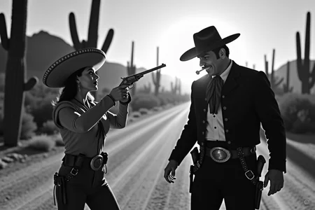 <lora:Mexican Noir Style-flux:1> mxnoirsty, black and white, dark,  The Charra and the Bandit (Western-Noir Style, Dramatic Side Lighting, Captured on a 1940s Speed Graphic Camera)
A fearless charra, her sombrero tilted back, holds a silver-plated revolver steady in her gloved hand. Opposite her, a rugged bandit in a torn serape grins through his cigar smoke, his hands resting dangerously close to his holster. The sun dips behind the saguaro cacti, casting long, menacing shadows across the dusty road between them. A 1940s Speed Graphic camera captures the high-drama with crisp detailsâthe tension is thick, the inevitable showdown just seconds away.