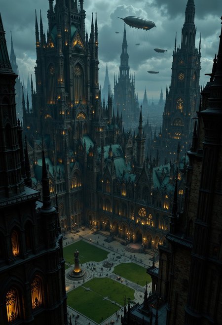 a dark, atmospheric cityscape with a steampunk aesthetic. The layout features towering, gothic-style buildings with pointed roofs and intricate architectural details, set against a moody, overcast sky. The scene is illuminated by dim, warm lights emanating from windows and street lamps, creating a contrast with the cool, muted tones of the structures. In the background, airships and dirigibles float in the sky, adding to the steampunk theme. The foreground includes a courtyard with a green lawn, surrounded by the imposing buildings. The overall mood is mysterious and slightly ominous, with a sense of grandeur and historical depth.