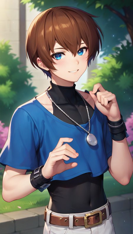 score_9,score_8_up,score_7_up,score_6_up BREAK official art,1boy,solo,outdoors,upper body,(portrait:1.5),looking at viewer,facing viewer,smile,blush,taut clothes,androgynous,androgynous,Chris,short hair,brown hair,hair between eyes,bangs,blue eyes,jewelry,necklace,blue shirt,turtleneck,black vest,short sleeves,wristband,bracelet,vest covered navel,groin,brown belt,white pants,pants rolled up,black socks,blue boots,<lora:Chris(kof)-Pony:1.5>,
