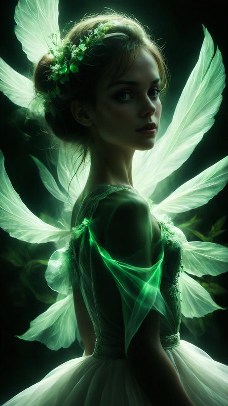 An overwhelmingly beautiful and majectic portrait of a nymph merging into green translucent fabric. dramatic display of light and shadow. deep focus, dark background,  looking at viewer, dynamic pose  <lora:DoubleExposure:0.8> double Exposure,     <lora:light_contour_sdxl:0.5> ltctr <lora:Flux-style-xl-lora:0.4>, score_9,score_8_up,score_7_up, outraging art, Olympus AZ-1,  calotype, Sensory viewpoint, soft, çµå½±çº§ç§æï¼å¤§å¸ä½å