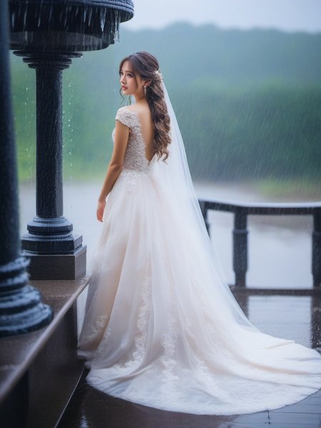 masterpiece, best quality, girl, long hair, looking at viewer, rain, wedding dress,<lora:sl_sila:0.8>