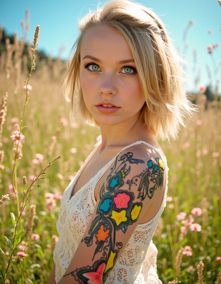 a young woman with striking light blue eyes, standing amidst tall grasses on a sunny day. She is wearing a delicate white lace dress that reveals her arms adorned with intricate tattoo-like designs in vibrant neon colors. The lighting is natural and soft, casting gentle shadows and highlighting the textures of her skin, the fabric of her dress, and the wildflowers surrounding her. Her expression is contemplative yet confident as she gazes off to the side. The overall mood is serene and enchanting, with a color palette that combines pastel hues with the boldness of neon lights. The artistic style is reminiscent of high-end fashion photography, utilizing a shallow depth of field to focus on her while softly blurring the background elements. Emphasize professional quality and high resolution for a captivating visual experience.brightly colored, cheerful, anime influence, highly detailed