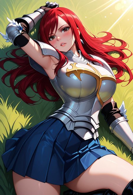 masterpiece, best quality, amazing quality, dynamic view,  solo, dynamic view,  solo, 1girl, masterpiece, best quality, bokeh, luminescent background, 
(erzascarlet,,
 red hair, long hair, earring,  brown eyes, shoulder tattoo, fairy tail tattoo, large breasts,,
 armor, breastplate, gauntlets, pauldrons, shoulder armor, pleated skirt, blue skirt, khee boots, black boots, 
, ), 
 looking_at_viewer, 1girl, masterpiece, best quality, bokeh, luminescent background, girl, solo, arm up, blush, looking at viewer, lying, on back, parted lips, grass, sunlight,