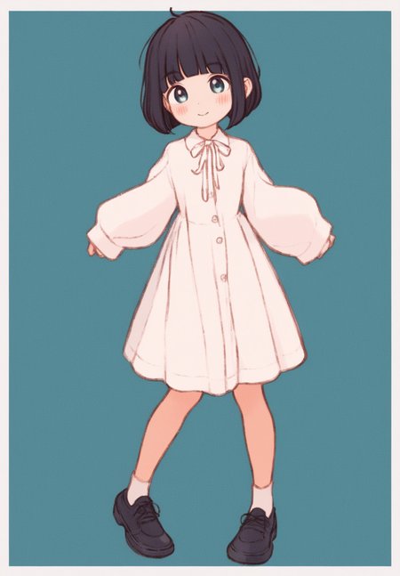 score_9, score_8_up. score_7_up,  <lora:kawaguchi:1>, kawaguchi, uncensored, score_9, kawaguchi, 1girl, black hair, full body, smile, short hair, long sleeves, looking at viewer, white socks, black footwear, shoes, closed mouth, blush, white dress, standing, blunt bangs, white ribbon, shirt, bob cut, blue eyes, sleeves past wrists, blue background, puffy sleeves, simple background, white border, neck ribbon