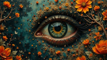 <lora:flux-collagestyle.safetensors:1> darkfantasycollagestyle
In a lush, enchanted grove, a human eye, its irises a deep, luminescent green, is the central focus of this surreal scene. The eye is set against a backdrop of intricate, organic motifs, where orange flowers and brown branches intertwine in a delicate, almost whimsical dance. The eye itself is detailed with intricate patterns, reminiscent of the finest botanical illustrations, with veins and textures that mimic the delicate lines of a flower's petal.
The eye is surrounded by a vibrant floral composition, a blend of orange flowers and earthy brown branches that seem to grow directly from the eye's surface. The flowers, with their rich, warm hues, stand in stark contrast to the cool, shadowy blues of the background, creating a dramatic interplay of light and shadow. The eye's surface is a canvas of intricate designs, with fine, realistic textures that are almost tangible, inviting the viewer to reach out and touch.
Glowing elements, like tiny, golden flecks of light, dance around the eye, adding a sense of magic and mystery to the scene. The overall composition is both mesmerizing and slightly menacing, with a depth of field that draws the eye inward, drawing the viewer into a realm where the boundaries between the natural and the fantastical blur. The eye, with its sharp focus and vivid detail, is the heart of this abstract, nature-inspired art, a testament to the beauty and complexity of the natural world, enhanced by the touch of the fantastical.