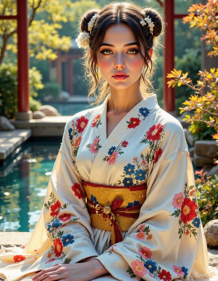 masterpiece anime style water color painting of young Lebanese woman,she is A graceful Japanese woman in a light, floral-patterned kimono, her neckline slightly lower than usual, showing a hint of her collarbone and upper chest. She sits by a koi pond in a traditional Japanese garden, dipping her fingers lightly into the water. The sunlight reflects off the pond, illuminating her gentle smile and highlighting the subtle details of her attire, blending traditional beauty with a quiet, understated allure. [natural daylight, peaceful garden setting, serene and reflective], enhance_artistic, detailed skin, detailed eyes, 8k, vivid style, photorealistic:1.2, 32k, high contrast, intricately detailed eyes, real skin textures,aidmaimageupgrader, aidmafluxpro1.1, enhance_artistic