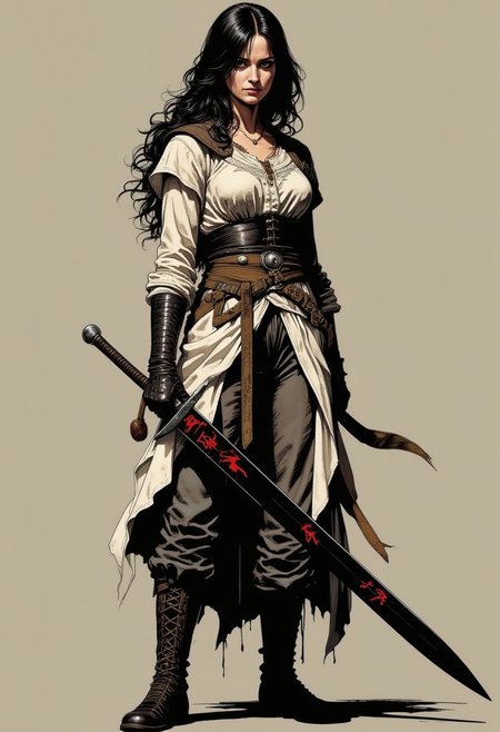 Vector Style Graphics, a woman in loose fitting tunic and laced leather pants, holding a thin black fencing sword with red runes, v3ctora style