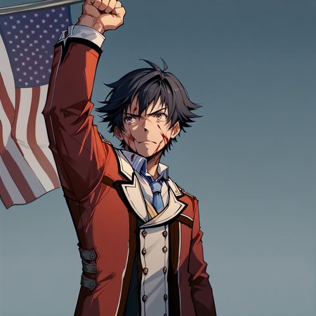 score_9,  score_7_up, BREAK,
<lora:rean-pdxl-nvwls-v1:1>, sen1rean, black hair, school uniform, red blazer, necktie, black pants,
<lora:assassinationattemptv1:1>, assassinationattempt, american flag, flag, 1boy, blue sky, arm up, clenched hand, blood on face, solo, pole,