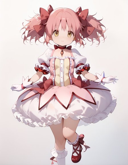 (score_9,score_8_up,score_7_up),<lora:homura and madoka:1>,, (mahou_shoujo_madoka,kaname madoka,pink hair,twintails,short twintails,hair ribbon,red ribbon,hair bow,ribbon,yellow eyes),(magical girl,choker,ribbon choker,red choker,soul gem,gloves,white gloves,puffy sleeves,puffy short sleeves,short sleeves,bow,skirt,bubble skirt,frilled skirt,dress,white skirt,frills),(white socks,frilled sleeves,frilled socks,socks,ankle ribbon,leg ribbon),red footwear,, 1girl, perfectly flat chest, tiny perky tits
