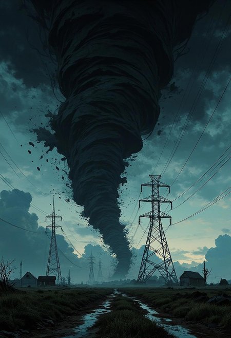 Farm land view, A electric transfer towers  ,  Masterpiece, buffed, stoic, by Studio Ghibli,Holy lighting, Platinum hue, highly dramatic lighting, retro artstyle, comic artstyle, highly detailed, hyperrealistic, 8K UHD, Cinema Quality Still Shot, best quality, atmospheric,
Scenary : (cinematic realism, hyper-detailed, stormy atmosphere) A colossal swirling tornado spirals violently, its wide and huge blackened vortex tearing through a fractured landscape under a twilight sky. black light illuminates the storm clouds, debris swirling in chaotic motion, as the camera captures the towering wide funnel from a low-angle perspective, emphasizing its overwhelming scale and destructive force. ((grainy photo))