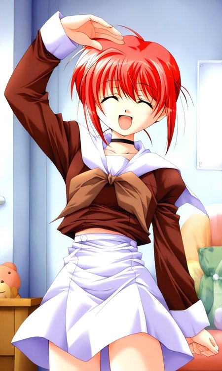 general,highres, ultra-detailed,very aesthetic,best quality ,best hands, BREAK  <lora:Hiroba_Mahiru_Negapoji_Ver2.0_IS:1>
Hiroba_Mahiru(Negapoji), 1boy, solo, red hair, closed eyes, short hair, ahoge, bangs, black choker,
open mouth, long sleeve, white skirt, brown sleeve, smile, brown ribbon, cowboy_Shot, 
:d, arm up,
indoor, room,