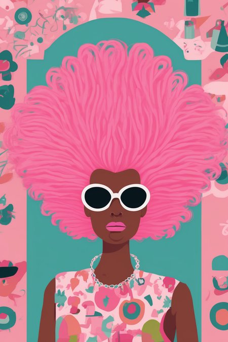 Josh Agle Style - a giving wearing an enormous pink bouffant wig. Patterns. In the style of Josh Agle.