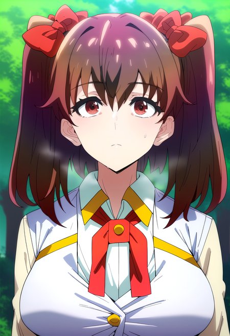 score_9, score_8_up, score_7_up, score_6_up, source_anime, rating_explicit, <lora:neg4all_bdsqlsz_V3.5:2.0>1girl, (solo:1.1), huge breasts, <lora:Romantica Eruponyxl:1> brown hair, twintails, brown eyes, hair bow, long hair, red bow, school uniform, white shirt, collared shirt, neck ribbon, long sleeves, pleated skirt, expressionless, Narrow shoulders, heavy breathing, steaming body, forest, outdoors, looking at viewer, close-up