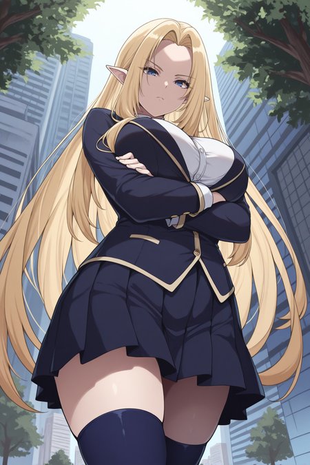 masterpiece, best quality, 1girl, solo, <lora:alpha-illu-nvwls-v1-000006:1> alpha, pointy ears, blue eyes, very long hair, blonde hair, large breasts, white shirt, dark blue blazer, dark blue skirt, pleated skirt, buttons, looking at viewer, blue thighhighs, crossed arms, from below, serious, city, tree