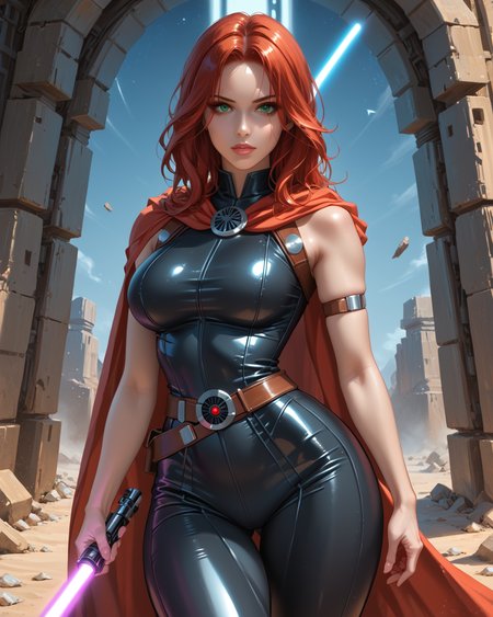 PonyScores7, source_anime, ah1, 1girl, long hair, mature female, (parted hair:1.7), (curvy), round-chin, caucasian, skindentation, thick thighs, wide hips, busty, voluptuous, lips, bad-hands-5, <lora:venus body PonyXL:0.6>, <lora:xl_more_art-full_v1:0.3>, <lora:shinyskin2:0.3> glistening skin, <lora:aesthetic_anime_v1s:0.3>, <lora:Expressive_H:0.3> Expressiveh, <lora:hairdetailpxl:0.3> hairdetailpxl, <lora:EpicF4nta5yXL:0.3>, <lora:detailxl:0.3> detailxl, <lora:Fant5yP0ny:0.3>, best quality, amazing quality, best aesthetic, absurdres, <lora:expressive eyes:0.3> expressive eyes, <lora:eyedetailpxl:0.3> eyedetailpxl, illustration, Volumetric_Lighting, ultra-detailed, very aesthetic, intricate details, 8k, masterpiece, best_quality, (Wistful, A face expressing longing, often with a far-off gaze), (Dutch Angle (from behind) view medium Close shot (focus on waist)), (twirling pose), <lora:Eyes_High_Definition:0.3> EyesHD, looking at viewer,  Stable_Yogis_PDXL_Positives, AS-Adult, <lora:Mara_Jade_Skywalker:0.8> Mara Jade, Red hair, green eyes, black high heeled boots, (a lightsaber with red blade), (dark silk cloak, sleeveless leather cat suit), in sith-cave , in a battle, star_wars, <lora:Plasma_Sword:0.8> Plasma Sword, Holding Plasma Sword