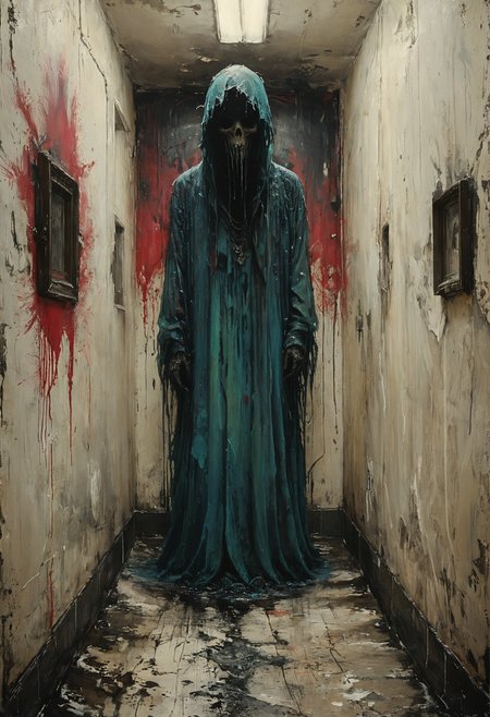 Faceless form looming in haunted hallway, Global illumination, <lora:Melting_world:0.8>, <lora:gorgoeus_splash_of_vibrant_paint:0.7> Gorgeous splash of vibrant paint