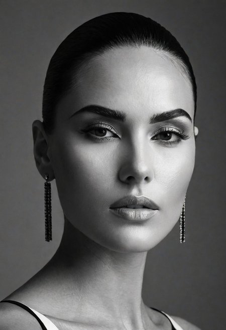 A striking monochrome portrait of a high-fashion model captured in a classic, Vogue-inspired photoshoot. The image focuses on her upper body, showcasing sharp bone structure and flawless skin illuminated by dramatic, high-contrast lighting. Shadows and highlights play artfully across her face, accentuating her high cheekbones, defined jawline, and elegantly arched eyebrows. Her gaze is powerful and direct, exuding confidence and sophistication, with slightly parted lips that add a touch of allure.
Her hair is styled sleekly back, drawing attention to her expressive features and creating a sculpted silhouette against a soft, shadowed background. She wears minimal accessories—perhaps a single, elegant earring catching the light—adding sophistication without distraction. The monochrome palette enhances the texture and contrast, giving her skin a smooth, almost ethereal glow, while the deep shadows add depth and mystery. The overall composition feels timeless and refined, embodying classic beauty and editorial poise with a touch of modern edge.. backinblack, grayscale, monochrome