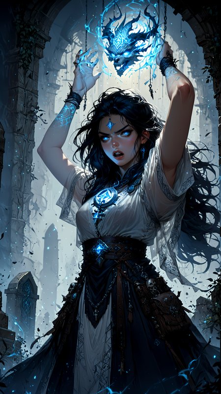 score_9, score_8_up, score_7_up, rating_safe, photo-enhanced, fantasy, 1girl, solo, dnd, d&d, cleric,
see through white linen robe, long hair, black hair, straight hair, parted lips, clear blue glowing eyes,
graveyard, holding amulet above head, arms above head, yell, scream, open mouth, climbing mound of skulls, sunshine from amulet, glowing amulet, disgusted face,
<lora:HKStyle_V3:1> <lora:extremely_detailed:1>  <lora:Fant5yP0ny:1>  <lora:disgusted_face_xl_goofy:1>  <lora:Flash_Glowing_Runes_SDXL:1>