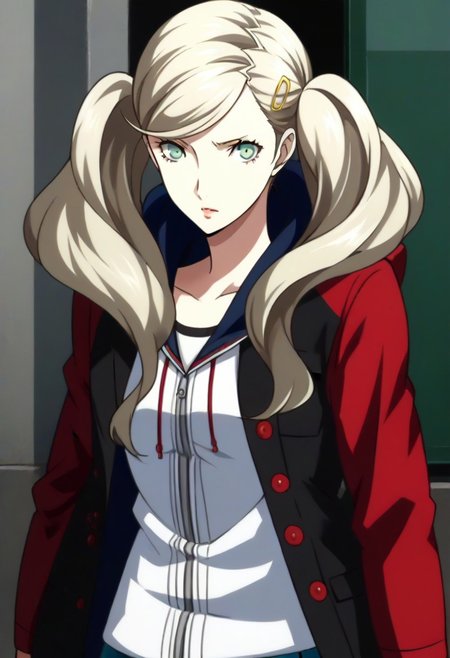 (source_anime), 1 girl, solo, nsfw, cute face, p5ann, twintails, long hair, takamaki anne, blonde hair, hairclip, skirt, uniform, jacket, open clothes, hairclip, hood, miniskirt, sweater, open jacket, black jacket, hoodie,hood down, white sweater, red pantyhose, hooded cardigan, uniform,