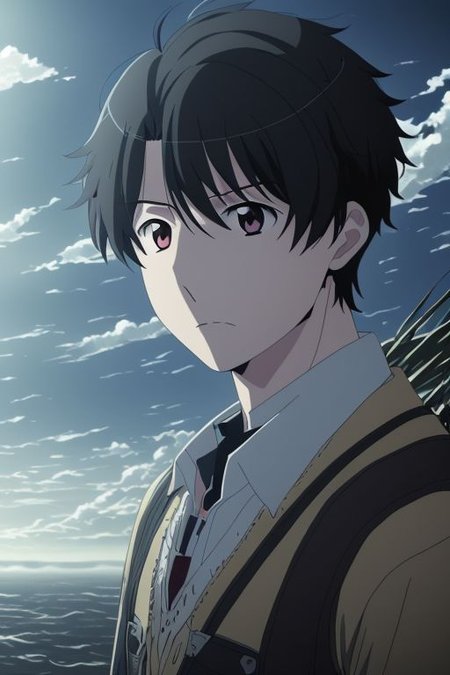 high resolution, solo, best quality, 1Boy, Inaho Kaizuka, Black Hair, existential longing, fantasy background, strong wind, OverallDetail