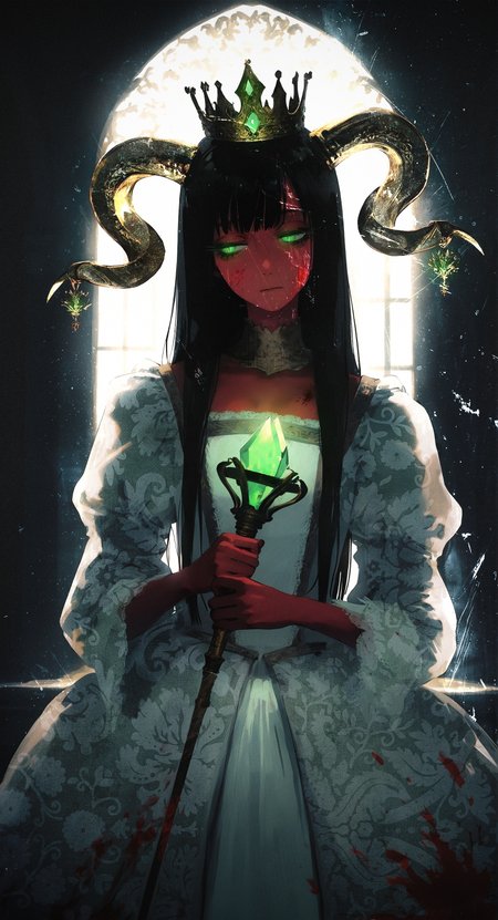 (by j.k.:1.1), by kukka, by keihh,  cinematic, photorealistic, straight-on, straight hair, long hair,
1girl,  holding scepter, princess, crown, expressionless,  half-closed eyes, thick eyelashes, long eyelashes, (head tilt:1.2), closed mouth, red skin, goat horns, slit pupils, green eyes,  backlighting,  (averting eyes:1.2), black hair, golden horn ornament, 
violent theme, blood splatter, blood on face, blood on clothes, white dress, 
indoors, black theme, dark theme, glowing theme, 
masterpiece, best quality, amazing quality, very aesthetic,
<lora:nhl-004:0.45> nhl-004, <lora:nhl-001-20:0.33> nhl-001,