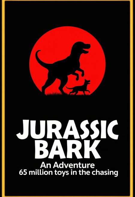 ((((Display the text "Jurassic Bark - An Adventure 65 million toys in the chasing, white letters)))).  black background in which is a red circle. in the red circle is a silhouette of dog chasing a toy. text is half in red circle. text and circle is surrounded by yellow border
mvpstrCE style