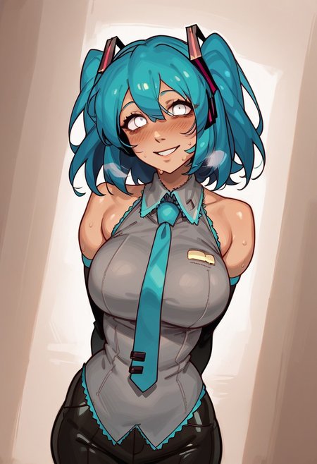 score_9, score_8_up, score_7_up, score_6_up, source_anime, rating_explicit, <lora:neg4all_bdsqlsz_V3.5:2.0>1girl, (solo:1.2), huge breasts, <lora:Lacey froLacey's gameponyxl:1> ((white eye color eyes)), dark circles, long eyelashes, dark blue hair, medium hair, bangs, two side up, blushing, wide hips, thick thighs, curvy, Narrow shoulders, sweat, heavy breathing, steaming body, room, indoor, looking at viewer, (dressed as Hatsune Miku), Miku cosplay, black miniskirt, standing, arched back,arching back, arms behind back, wide smile, happy expression, (from front view), dutch angle, portrait shot,