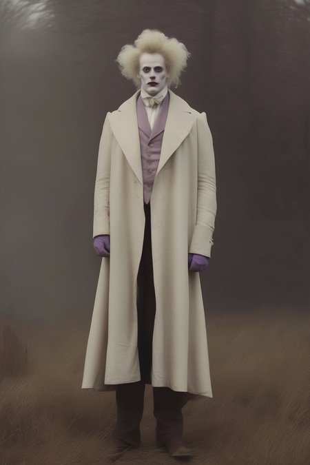 <lora:Christopher Ryan McKenney Style:1>Christopher Ryan McKenney Style - Full body portrait of an Edwardian clown with a white painted face wearing a long lavender overcoat with big lapels