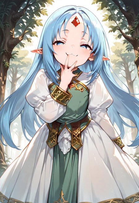 masterpiece, best quality, good quality, very awa, very aesthetic, absurdres, newest, high resolution,high quality,detailed,cute details, gr4ph1t3, beautiful eyes, perfect eyes, detailed eyes, 1girl, solo, reset_kalar_il ,pointy ears,blue hair,long hair,red gem forehead, cute dress, cute, looking at viewer, half closed eyes, very smug expression, :3, very cute, hand in front of mouth, closeup, from below, fantasy, forest