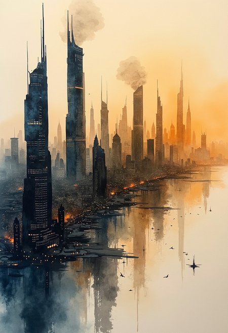 A sweeping cityscape unfurls across delicate rice paper, painted with expressive ink splashes and translucent watercolor washes. The skyline bristles with ultramodern skyscrapers—sleek, asymmetrical, and luminescent—rendered in layered tones of rich sepia, burnt henna, and jet ink. The architectural lines bleed and bloom like smoke tendrils, capturing motion and depth. clear, gradient sky, diffused into the paper’s fibers. This piece blends classic East Asian ink painting aesthetics with futuristic precision—think Hokusai meets Syd Mead. Lighting is soft but radiant, as if internal energy pulses through the city’s veins. Emphasize broad brushwork, chaotic ink bursts, and delicate tonal transitions