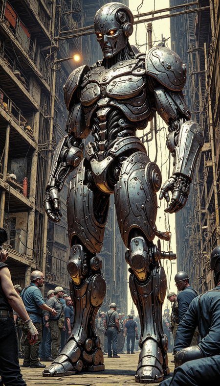 Comic book style, A meticulously crafted, biomechanically intricate android, its endoskeleton exposed, stands in a dynamic three-quarter pose. The android, reminiscent of an articulated anatomical study in metal and hydraulics, dominates the midground. Its metallic carapace, a symphony of actuators, pistons, and wiring, reflects the ambient light of the workshop, hinting at both power and complexity. A team of technicians, their concentration palpable, surrounds the android, engaged in its final assembly and calibration. The background, a labyrinthine workshop cluttered with tools, parts, and scaffolding, further accentuates the technological marvel at the image's core.
