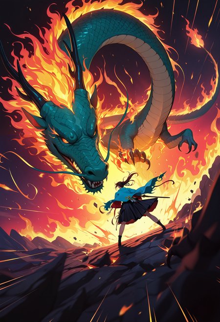 masterpiece, best quality, good quality, very aesthetic, absurdres, newest, 8K, depth of field, close up, 1girl, fighting, huge eastern dragon, dynamic angle, motion lines, battle, fiery background, neon flames, mist, asian, 