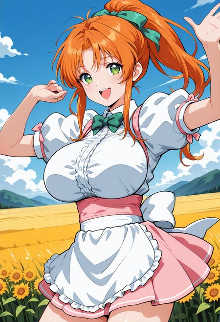fukawa_miku, green eyes, orange hair, long hair, ponytail, hair ribbon, green ribbon, green bowtie, short sleeves, apron, waitress, pink skirt, <lora:fr_fukawa_miku_illustrious_ver1:0.8> 
large breasts, smile, open mouth,, 1girl, solo, (field:1.2), (blue sky:1.2), looking at viewer,, masterpiece, best quality, general,, (cowboy shot, dynamic pose:1.4),