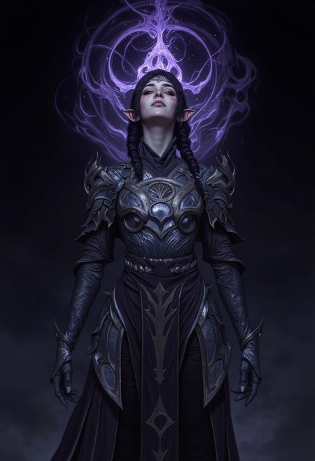 ShadowDJ, a digital fantasy artwork depicting a fantasy character with a dark, mystical theme. The character is a girl with light skin, sharp facial features, and long, braided dark hair. She is wearing an elaborate, dark armored outfit with intricate patterns and glowing purple accents. The armor includes a chest plate, shoulder guards, and a flowing skirt-like extension with geometric designs. The character is surrounded by a oily black halo, adding a magical aura to the scene. The background is a deep, dark shade, enhancing the ethereal and enigmatic atmosphere of the artwork. The character's expression is blissful and slightly sensual, with a slight smirk on her face as oily black tendrils lick at her face and body. The overall composition is centered, with the character standing upright, exuding a sense of power and mystery. oil-painting, romanticism, painting, elegance, opulence, beautiful, painterly, detailed, textural, artistic, aesthetic, intricate details, highly detailed, vivid, vibrant,