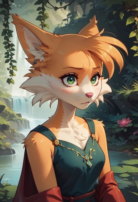 score_9, score_8_up, score_7_up, Rolo, 1girl, solo, animal ears, furry female, body fur, animal nose, white fur, green eyes, short hair, tail, fox ears, fox girl, two-tone fur, fox tail, orange fur, highly detailed, intricate, zzCitronCAT, enchanted grotto scenery