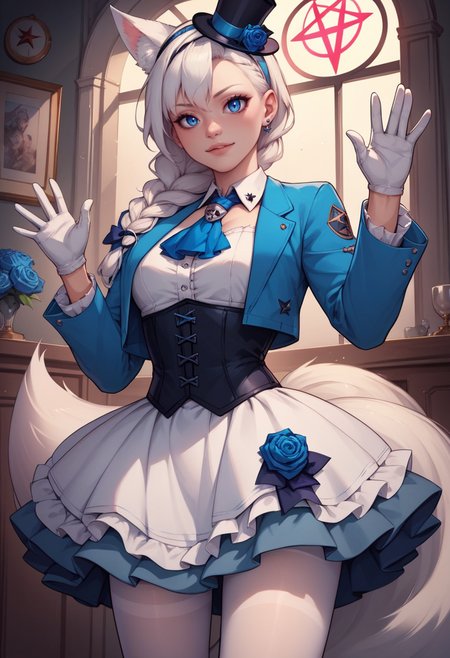 score_9, score_8_up, score_7_up, score_6_up, score_5_up, score_4_up, rating_explicit,  BREAK,  <lora:fubukiXL-10:0.75> fubukielegant, braided ponytail, blue coat, blue ascot, blue rose, corset, collared shirt, grey skirt, frilled skirt, white pantyhose, white gloves, mini top hat, hairband, white hair, piercing, fox tail, pentagram waving