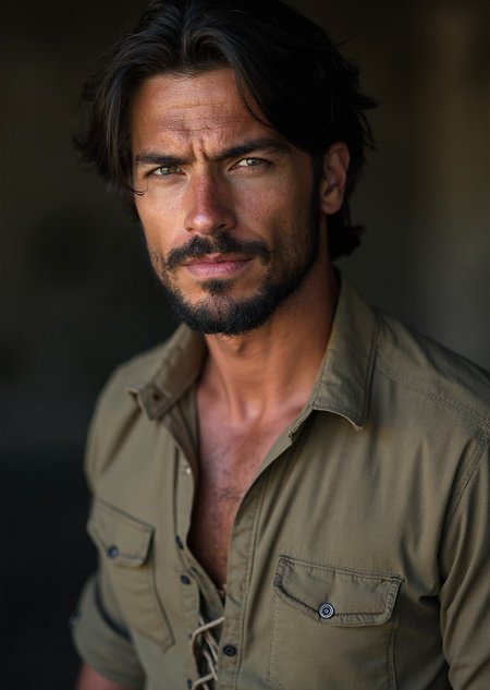 This captivating portrait depicts a ruggedly handsome individual man with a commanding presence. Shot from a slight angle, the camera captures the subject's profile, emphasizing his strong features and introspective demeanor. The soft, warm lighting, likely achieved through the use of natural and artificial light sources, accentuates the subtle nuances of his facial expression, imbuing the image with a sense of depth and dimensionality.

The subject's dark, wavy hair falls across his forehead, framing his angular face and adding to his brooding aura. A well-defined beard and mustache complement his sharp jawline, creating a sense of rugged authenticity. The muted, earthy tones of his attire, a loose-fitting shirt with a laced front, blend seamlessly with the surrounding environment, drawing the viewer's attention to the subject's striking features.

This image is suitable for a general audience and is not suggestive or explicit in nature. It is safe for work (sfw). The overall effect is one of quiet intensity, inviting the viewer to contemplate the subject's enigmatic presence.
