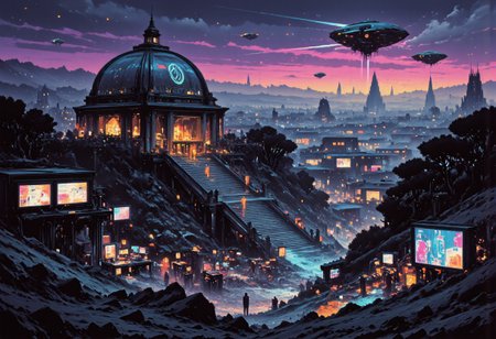 A digital artwork in the style of cknc: an intricate, high-contrast Shinto shrine nestled in misty mountain terrain at sunset. A long staircase with tori gates ascends through rocky woodland towards the shrine, depicted in a busy vector cartoon illustration with refulgent, hyphae-like, indigo blue, galactic elements in a British comic style. Features an exhausted, romantic, mystifying, rapid-fire, concave conceptual futuristic gothic hardsurface device design on a table, within a moody repair shop aesthetic by California, set in dystopian and surreal surroundings.
Alternatively, the U.S. Capitol Building is reimagined as the futuristic headquarters of the Weyland-Yutani Corporation. Classical architecture blends seamlessly with sleek, technological enhancements, creating a cyberpunk aesthetic. The dome displays the glowing Weyland-Yutani logo, signifying corporate dominance. Neon corporate advertisements illuminate the night sky, contrasting with the landmark's metallic marble facade and transparent aluminum windows. Durable, synthetic materials reinforce the columns. Aerial vehicles streak across the image, while a colossal holographic dragonfly spaceship hovers above. The grounds are a bustling hub of robotic workers and augmented reality users. The scene juxtaposes the past and present, symbolizing corporate power intertwined with political history, redefining the skyline.