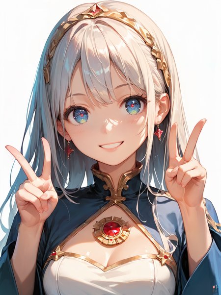 score_9, score_8_up, score_7_up,source_anime, high res image,masterpiece,best quality,(girl:1.0),cute face,clear skin,shiny hair,ultra detailed eyes,simple background,   <lora:double v_pony_V1.0:0.4> double v,smile