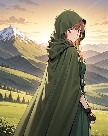 <lora:Demera illumi:1>
1 girl, solo, long hair, brown hair, bangs, brown eyes
green dress, bracelete, hood, hood up, cloak, hooded cloak, fingerless gloves
score_9, score_8_up, score_7_up, source anime, BREAK,  cowboy shot, (from side), looking back, looking at viewer, overlooking mountain, high altitude, scenery, exterior, background, (solo), perfect hands