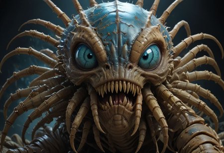 cinematic, facehugger chonkasaurus, scifi, slimey, raytracing, HD, 4k, floating energy, night, dark, blue eyes, (energy effects:1.3), <lora:chonkasaurus-000003:1>, <lora:add-detail-xl:2>