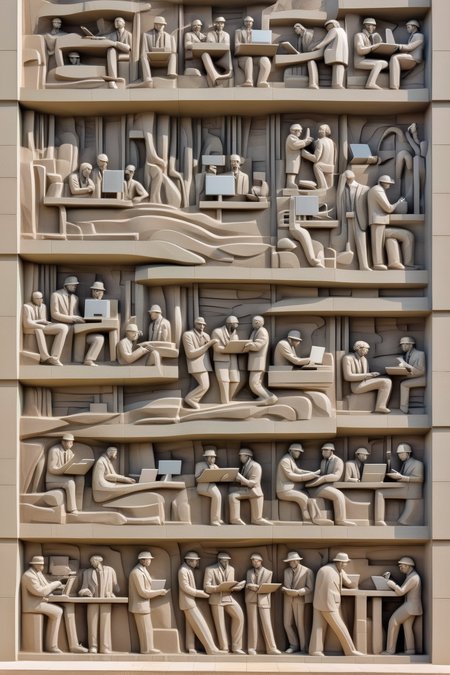<lora:BAS-RELIEF:1>BAS-RELIEF - modern government building with sculptural relief of modern people working on computers