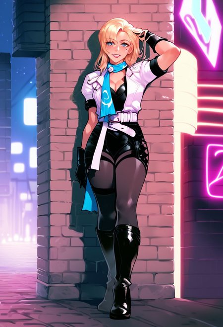 masterpiece, best quality, score_9, score_8_up, score_7_up, 1girl, hand on hair, leaning over, looking at the viewer, tilted head, calm face,  futuristic city, street, neon signs, blur background hirokosmtii, long hair, blonde hair, mole under eye, blue eyes, thighhigh boots, black bodysuit, legless bodysuit, gartelt belt, scarf, gloves, cleavage, white jacket, short sleeves, garterbelt, leather clothes, bare thighs, seductive, leaning against wall, full body shot, night, night sky,