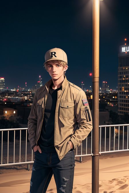 (masterpiece, best quality, high quality, highres, ultra-detailed), city, scenery, night, building, sign, cityscape, pantyhose, skyscraper, street lights, 
solo, 1boy, gray eyes, short Crew Cut, sand blonde hair, triangular face, looking at viewer, outdoors, hands in pockets, khaki jacket, black  loose jeans, black baseball cap, 
AS-Adult, Asian-Less, OverallDetail,