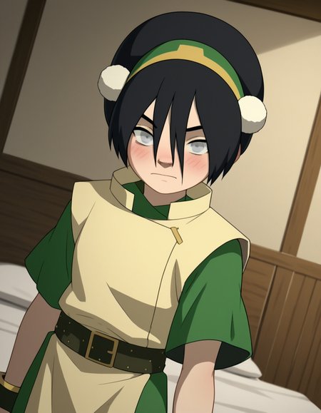 score_9, score_8_up, score_7_up, source_anime, <lora:toph-beifong-book2-ponyxl-lora-nochekaiser:1>, toph beifong, black hair, hairband, blind, grey eyes, hair between eyes, short hair,, shirt, green shirt, vest, belt, short sleeves,, indoors, bed, bed room, on side, blush, drunk, looking at viewer, solo, cowboy shot, dutch angle